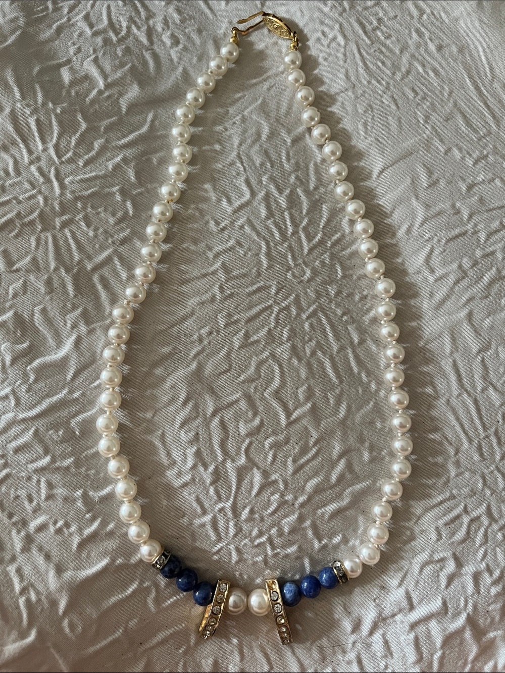 Classic Pearl Necklace with Lapis Accent and Gold Details